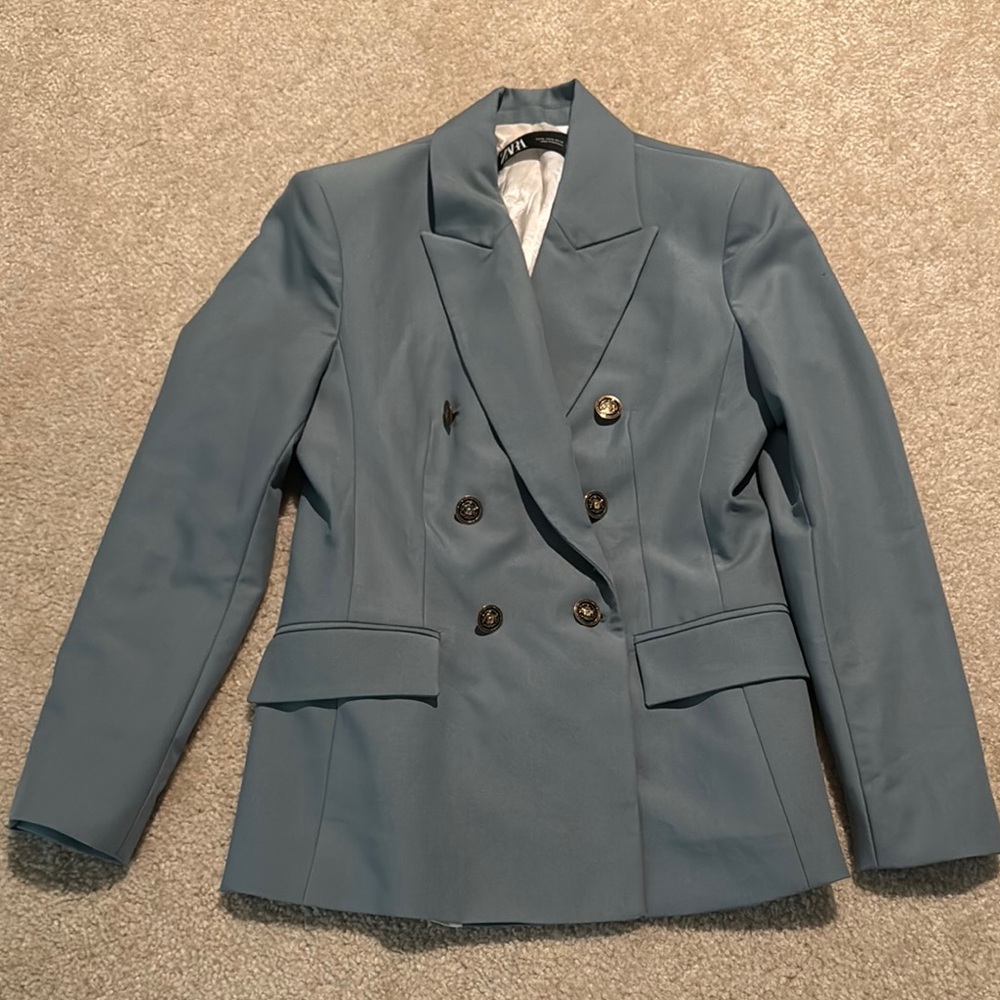 Zara Blue Double-Breasted Blazer with Wide Lapels